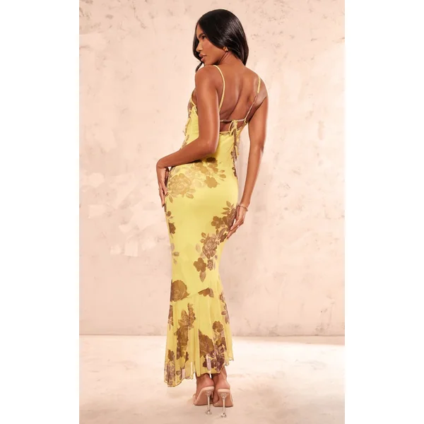 Vert Robe Longue En Mesh Imprimé Avec Volants Et Dos Drapé