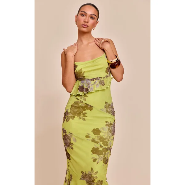 Vert Robe Longue En Mesh Imprimé Avec Volants Et Dos Drapé