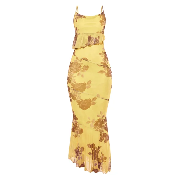 Vert Robe Longue En Mesh Imprimé Avec Volants Et Dos Drapé