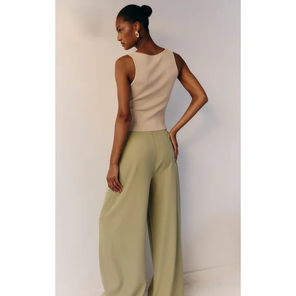 Vert Sauge Pantalon Large Ajusté En Tissu Tissé Avec Détail Plissé