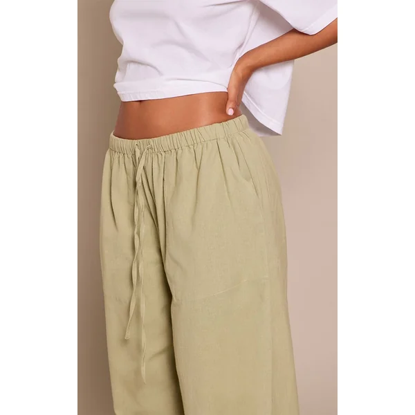 Vert Sauge Pantalon Petite En Lin Avec Taille À Cordon Coulissant