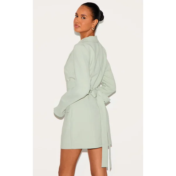 Vert Sauge Robe Blazer Ceinturée En Tissu Tissé