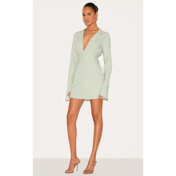 Vert Sauge Robe Blazer Ceinturée En Tissu Tissé