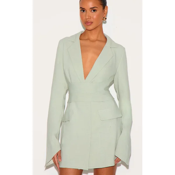 Vert Sauge Robe Blazer Ceinturée En Tissu Tissé