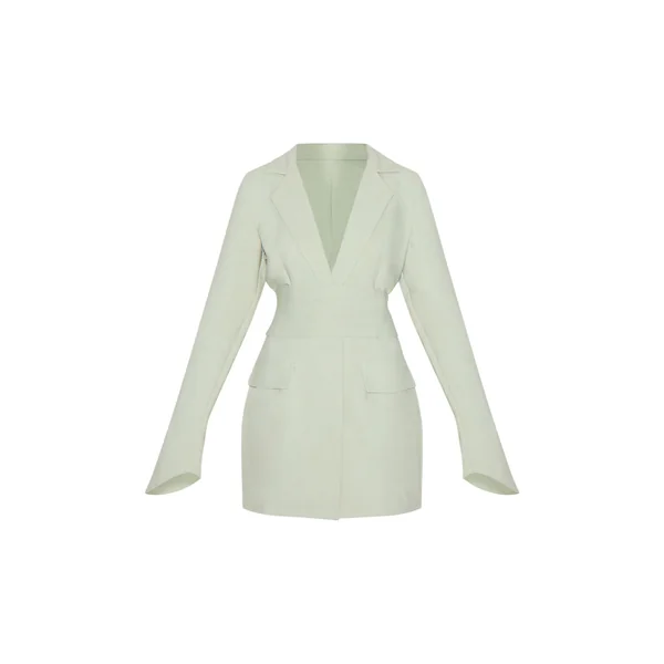 Vert Sauge Robe Blazer Ceinturée En Tissu Tissé