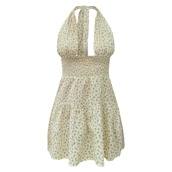 Vert Sauge Robe Courte À Dos Nu Avec Encolure Américaine Croisée Et Fronces À Motif Fleuri Ditsy