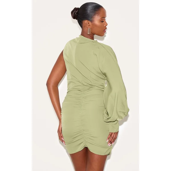 Vert Sauge Robe Moulante Tissée Froncée À Une Manche