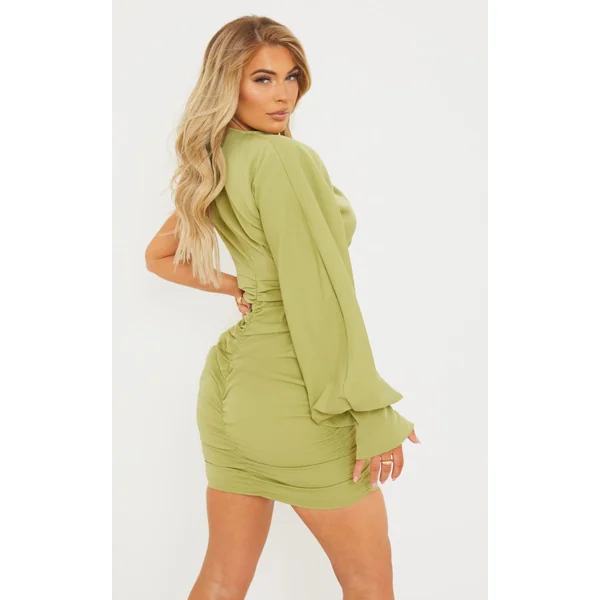 Vert Sauge Robe Moulante Tissée Froncée À Une Manche