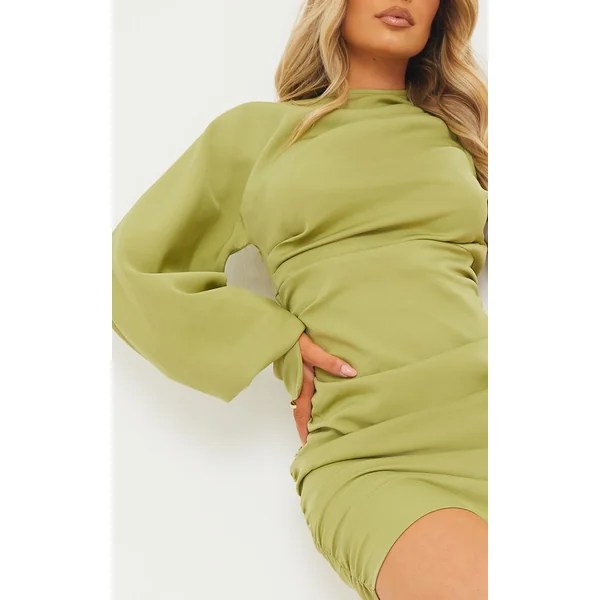 Vert Sauge Robe Moulante Tissée Froncée À Une Manche