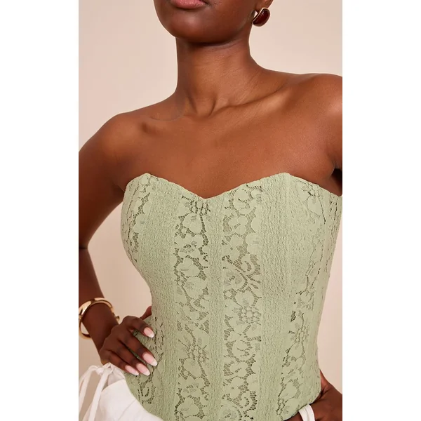 Vert Sauge Top Corset Bandeau À Baleines En Dentelle