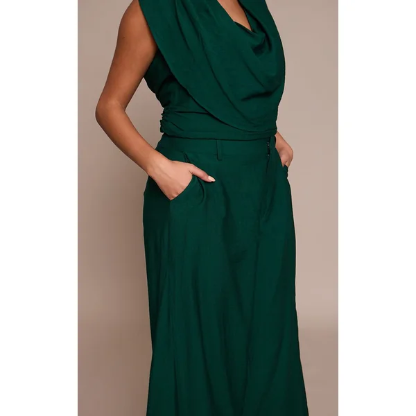 Vert Émeraude Pantalon Large Taille Haute Tissé Grande Taille Ensemble Coordonné