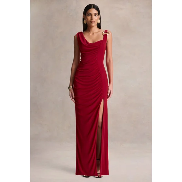 Vesperelle | Robe longue rouge à encolure arrondie avec détails froncés