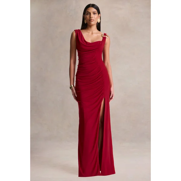 Vesperelle | Robe longue rouge à encolure arrondie avec détails froncés