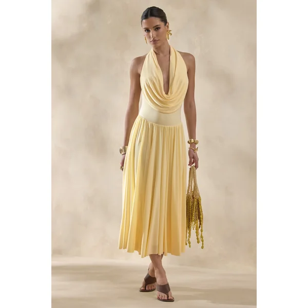Veyra | Robe mi-longue citron à col bénitier plongeant