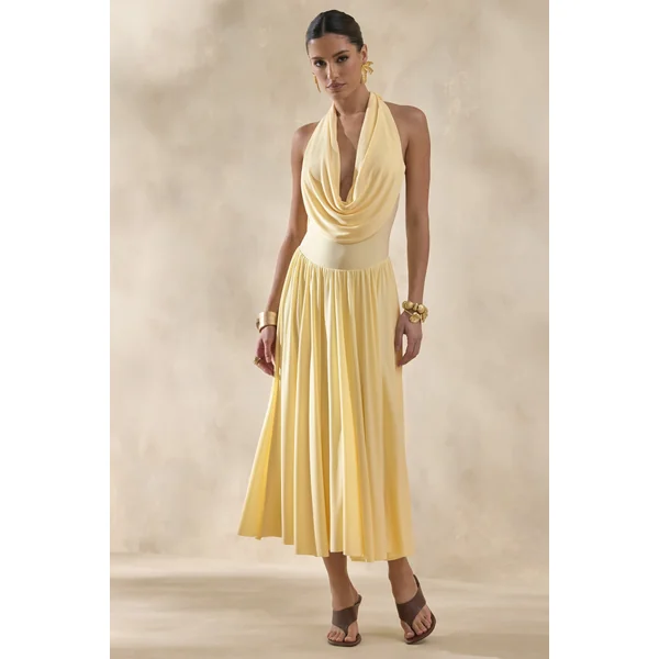 Veyra | Robe mi-longue citron à col bénitier plongeant