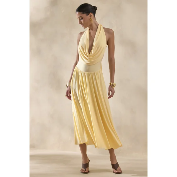 Veyra | Robe mi-longue citron à col bénitier plongeant