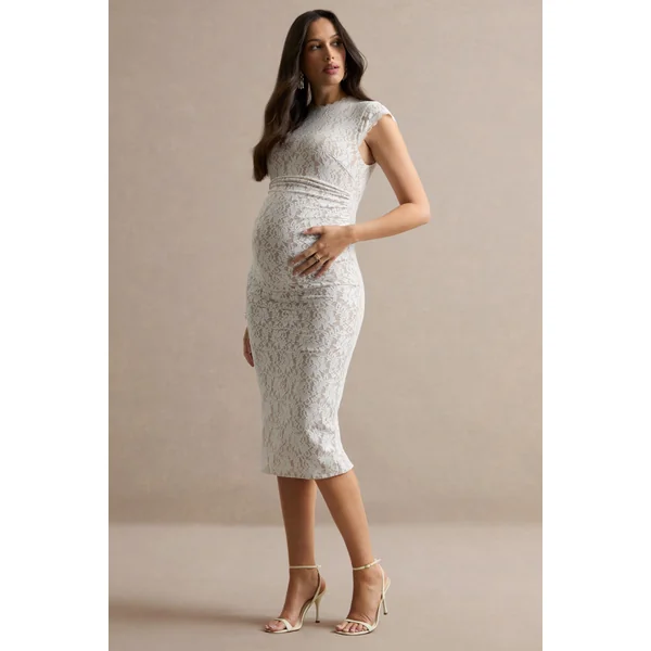 Vianne | Robe de grossesse mi-longue en dentelle blanche à encolure ronde