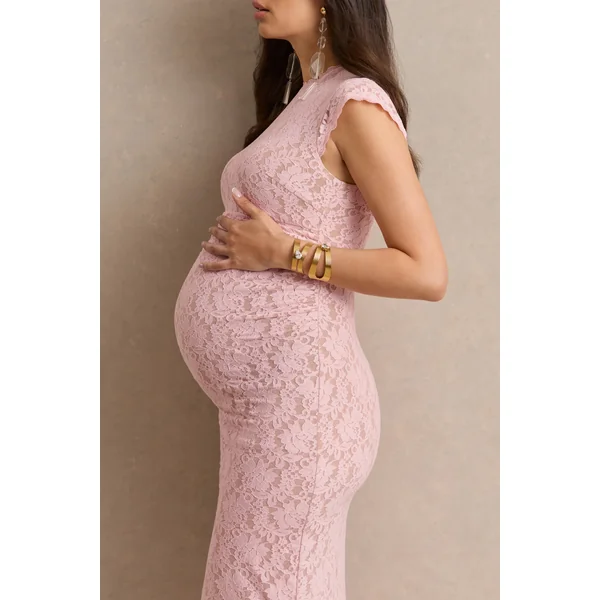 Vianne | Robe de grossesse mi-longue en dentelle rose à encolure ronde