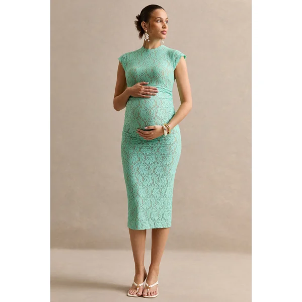 Vianne | Robe mi-longue de maternité en dentelle menthe à col rond