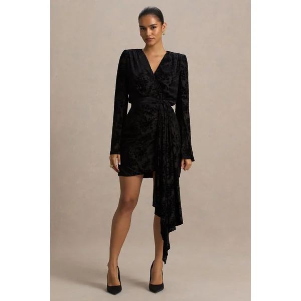 Vicenta | Mini-robe portefeuille en velours dévoré noir à décolleté plongeant
