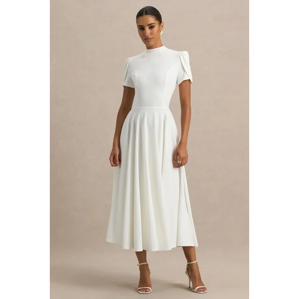 Vicky | Robe mi-longue blanche à col haut avec manches bouffantes