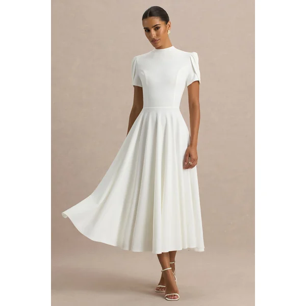 Vicky | Robe mi-longue blanche à col haut avec manches bouffantes