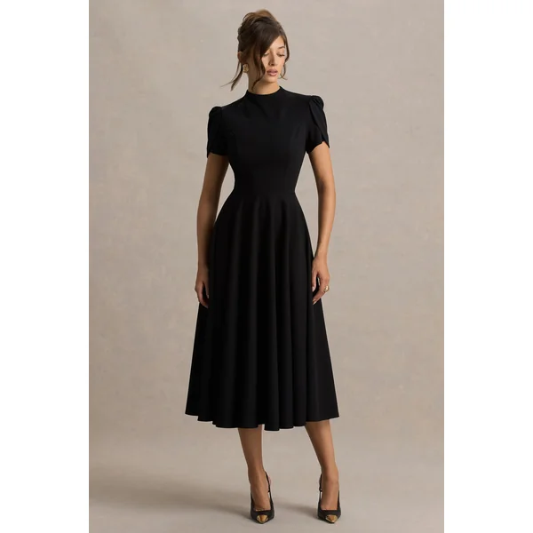 Vicky | Robe mi-longue noire à col montant et manches bouffantes