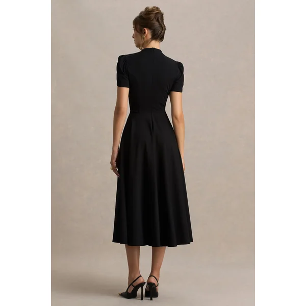 Vicky | Robe mi-longue noire à col montant et manches bouffantes