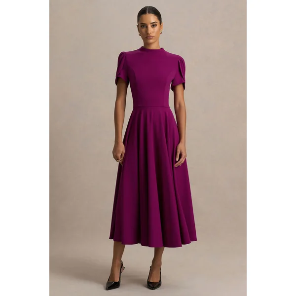 Vicky | Robe Mi-Longue Prune À Col Montant Et Manches Bouffantes