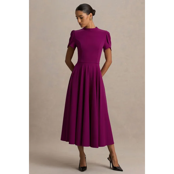 Vicky | Robe Mi-Longue Prune À Col Montant Et Manches Bouffantes