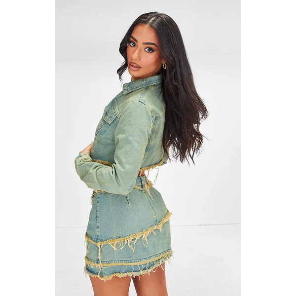 Vintage Bleach Wash Veste Courte Ajustée En Denim Délavé À Col Ouvert Petite Taille