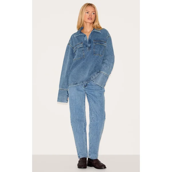 Vintage Délavé Chemise De Rugby En Denim Décontractée À Manches Longues Bleu Vintage