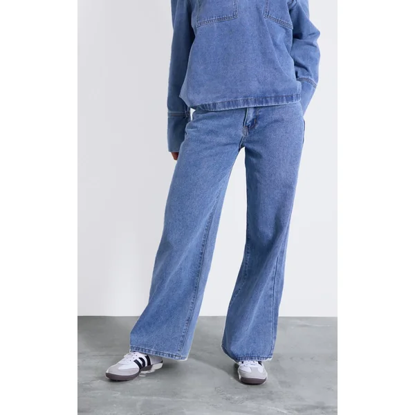 Vintage Délavé Jean Large Taille Haute À Surpiqûres Contrastantes