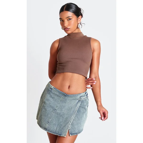 Vintage Délavé Jupe Courte Portefeuille En Denim Taille Mi-haute