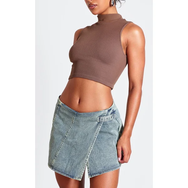 Vintage Délavé Jupe Courte Portefeuille En Denim Taille Mi-haute