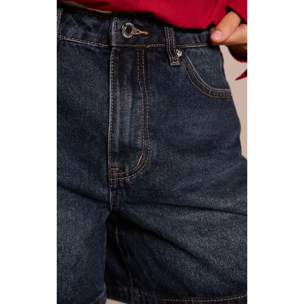 Vintage Délavé Short Bermuda En Jean Bleu Foncé Taille Mi-haute
