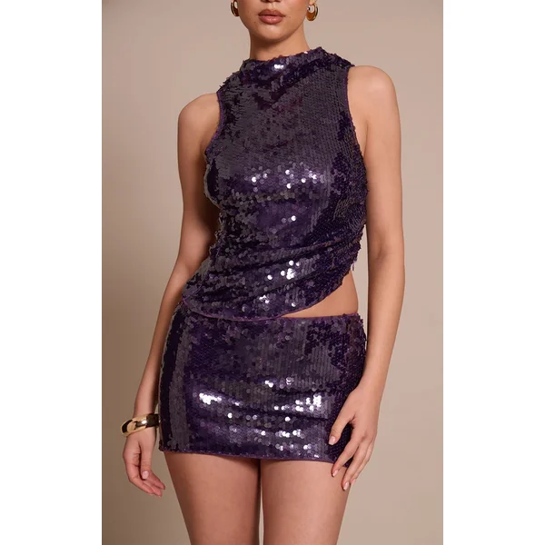 Violet Ensemble Jupe Courte Froncée À Sequins