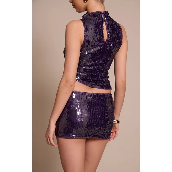 Violet Ensemble Jupe Courte Froncée À Sequins