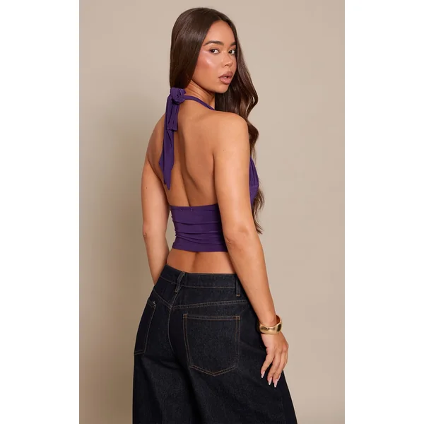 Violet Top Long Plongeant À Double Couche Satiné Avec Lien Au Cou