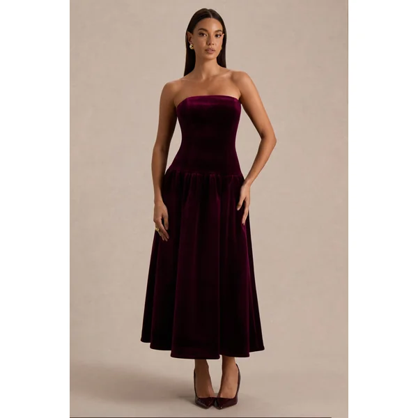 Violetta | Robe mi-longue bordeaux à encolure carrée avec taille basse et jupe plissée