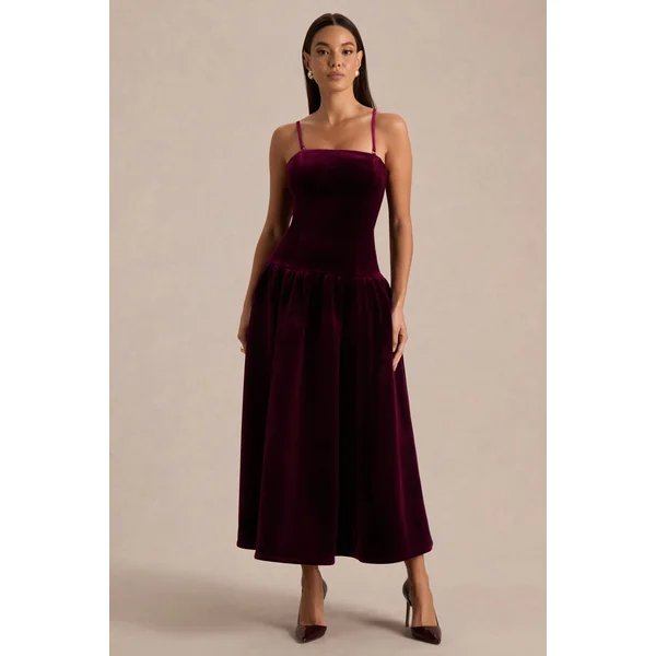 Violetta | Robe mi-longue bordeaux à encolure carrée avec taille basse et jupe plissée