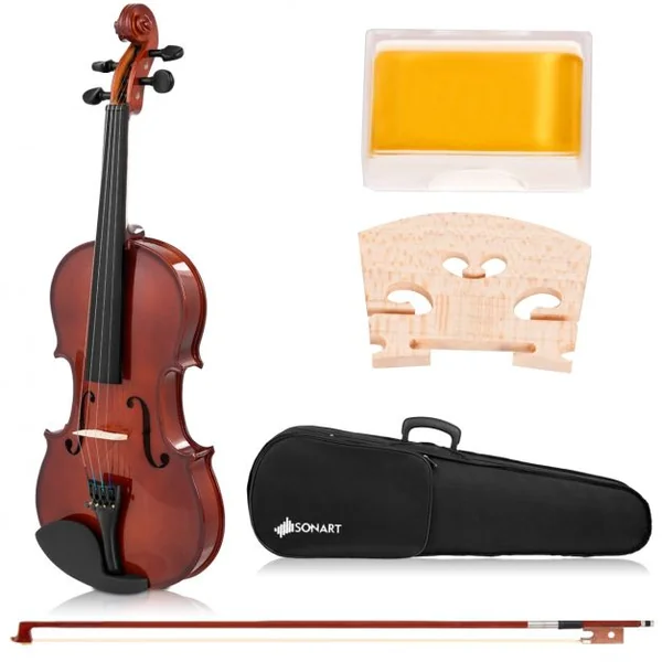 Violon Acoustique 4/4 avec Étui et Archet et Accessoires en Bois d’Épicéa et d’Érable, 58,5x21cm, Marron Foncé