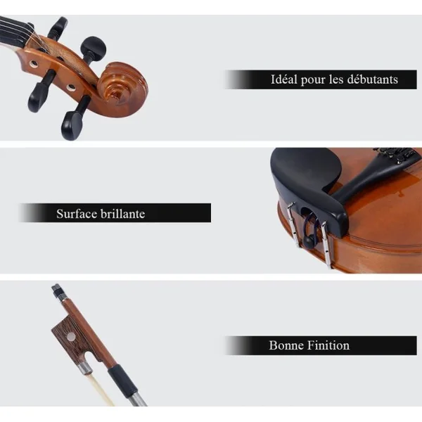 Violon Acoustique 4/4 de Haute Qualité pour Débutants et Amateurs en Bois de Hêtre et Érable, 81x25x12,7cm, Brun/Noir