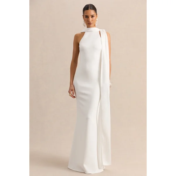 Vionette | Robe longue blanche à col montant avec écharpe
