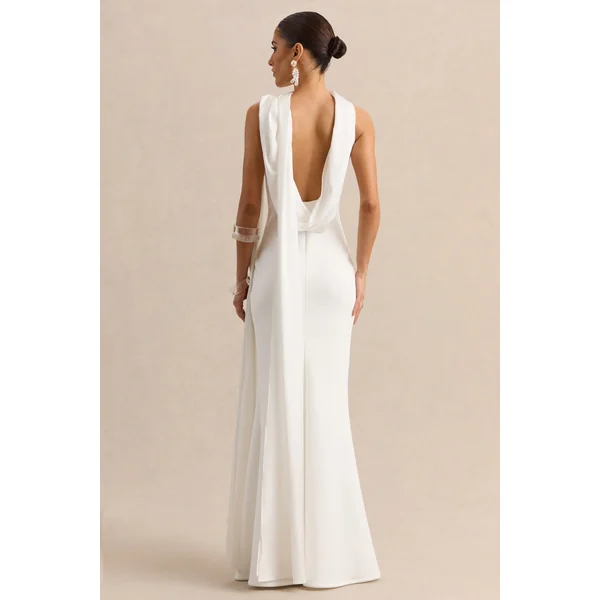 Vionette | Robe longue blanche à col montant avec écharpe