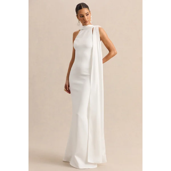 Vionette | Robe longue blanche à col montant avec écharpe