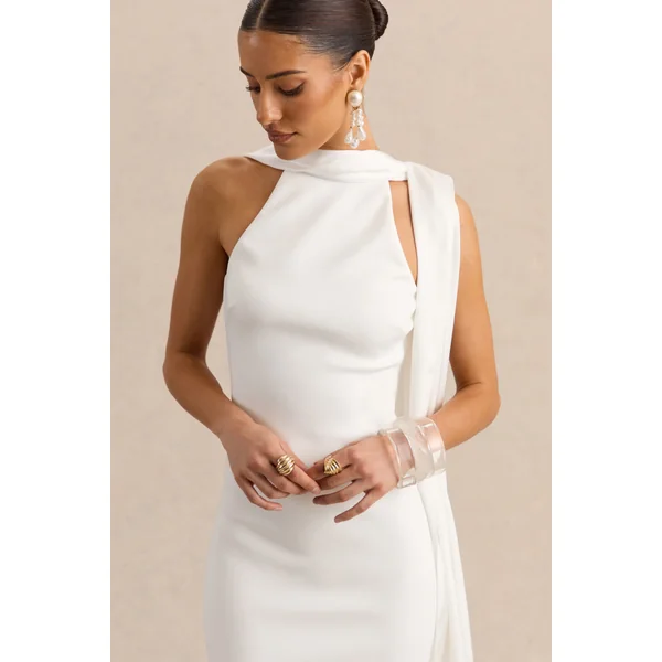 Vionette | Robe longue blanche à col montant avec écharpe