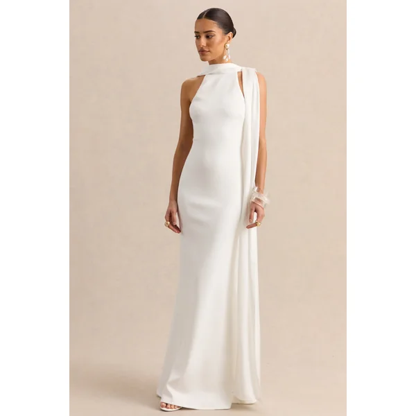 Vionette | Robe longue blanche à col montant avec écharpe