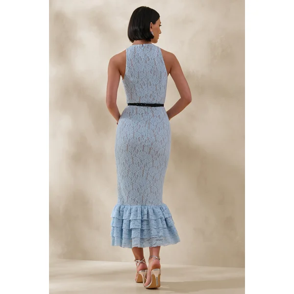 Vionna | Robe mi-longue en dentelle bleue à col montant avec détail de ceinture à nœud