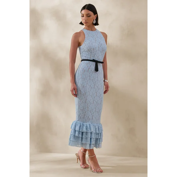 Vionna | Robe mi-longue en dentelle bleue à col montant avec détail de ceinture à nœud